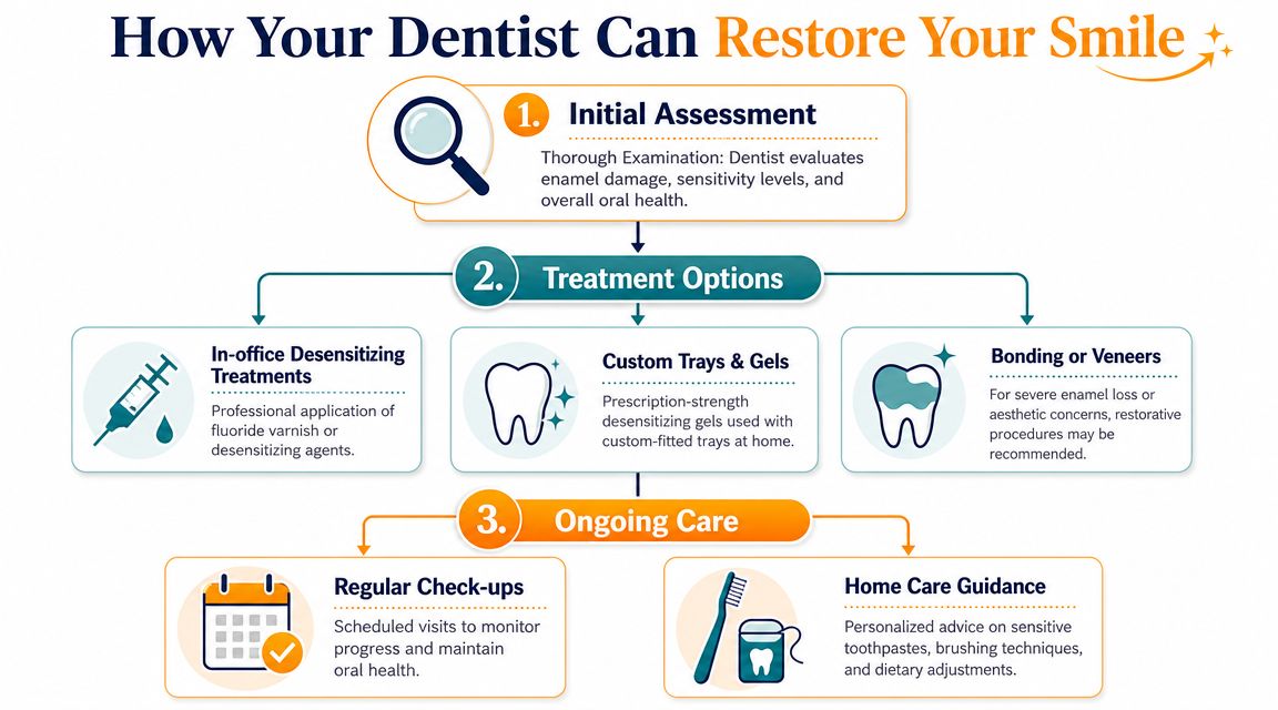 A flowchart infographic titled How Your Dentist Can Restore Your Smile, detailing assessment, treatment, and ongoing care.