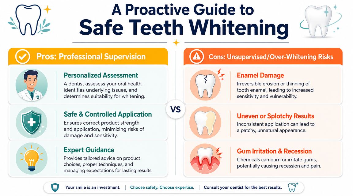 An infographic titled A Proactive Guide to Safe Teeth Whitening showing professional versus unsupervised whitening pros and cons.