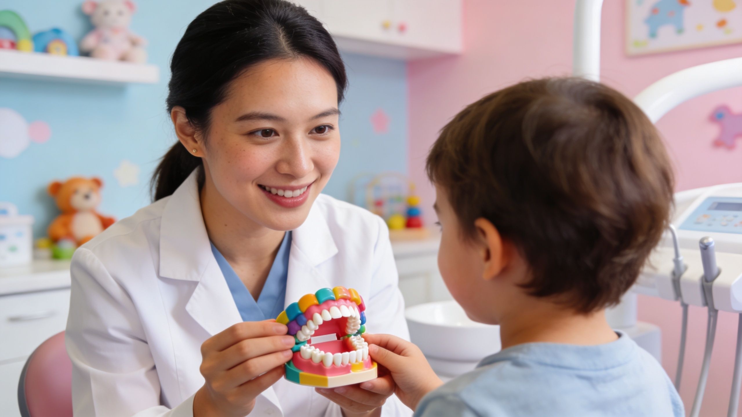A friendly dentist showing a toy model of teeth to a young child at the office.