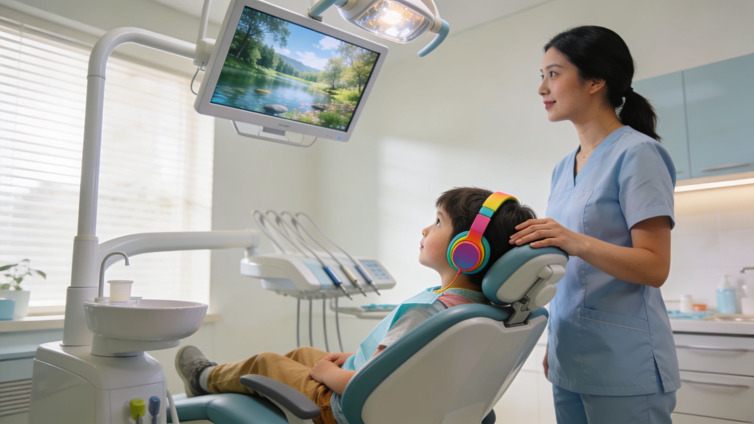 A friendly paediatric dentist comforting a young boy watching a nature video on a screen during treatment.