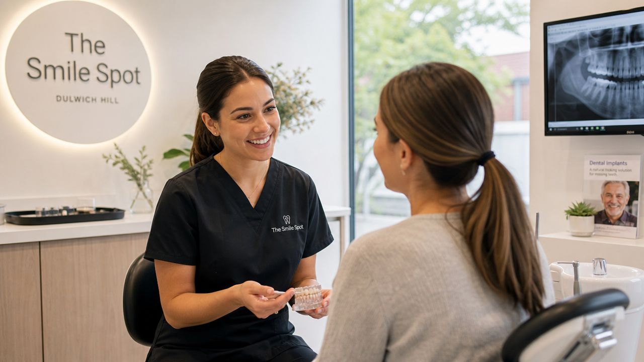 A friendly female dentist explains dental implant procedures to a patient at The Smile Spot dental clinic.