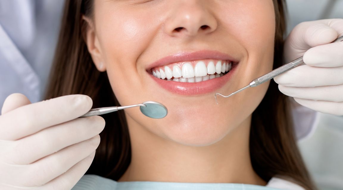 A close-up view of a dental professional performing a routine checkup on a patient's clean white teeth.