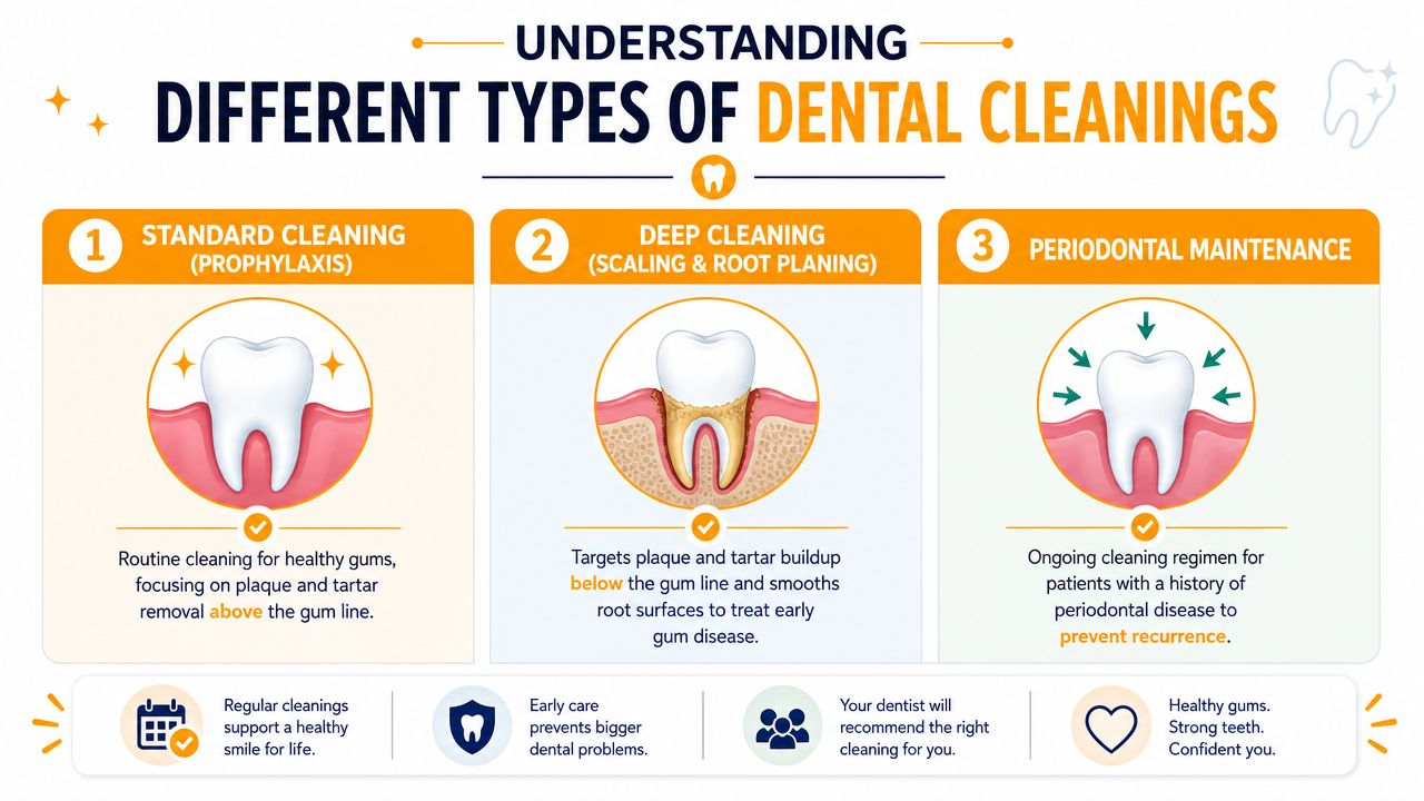 An educational infographic explaining the three main types of professional dental cleanings: prophylaxis, scaling and root planing, and maintenance.