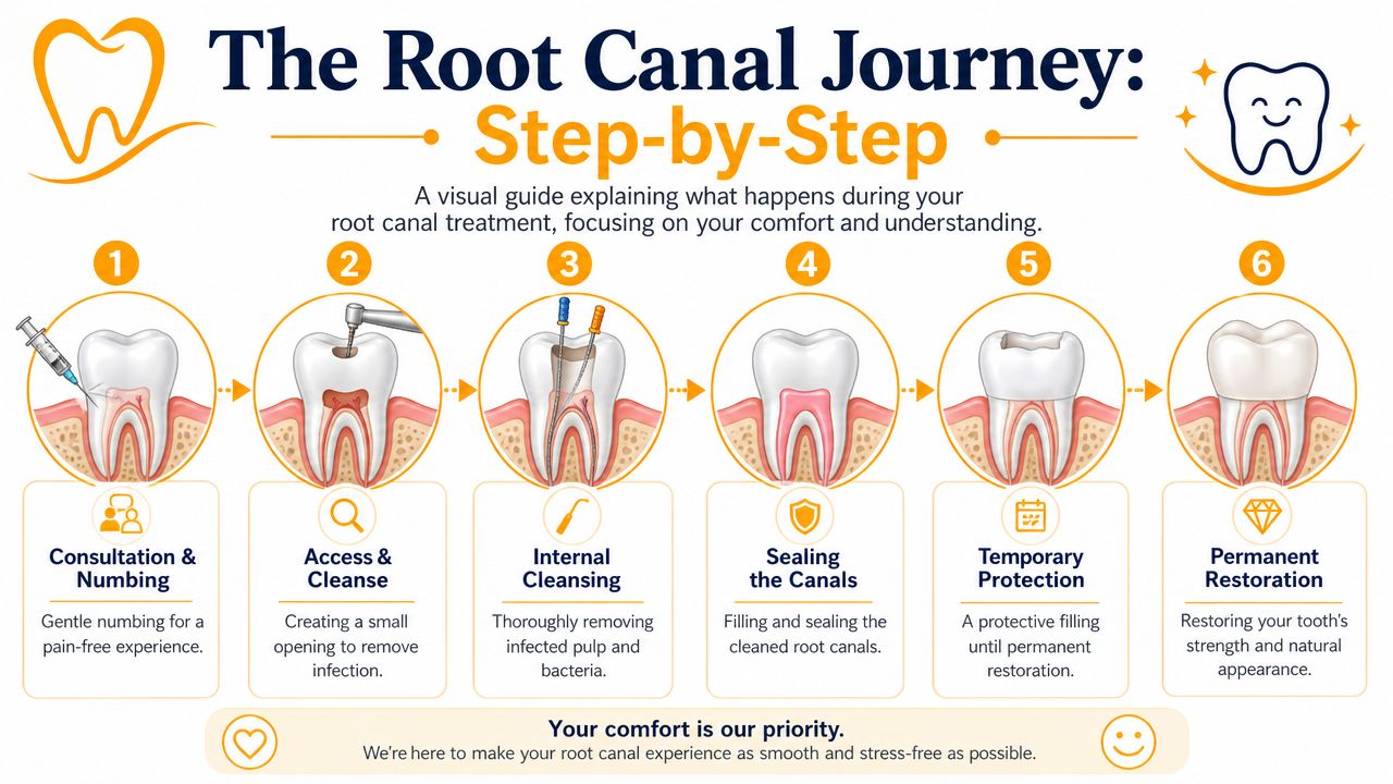 An infographic detailing the six-step process of a root canal procedure, from numbing to permanent restoration.