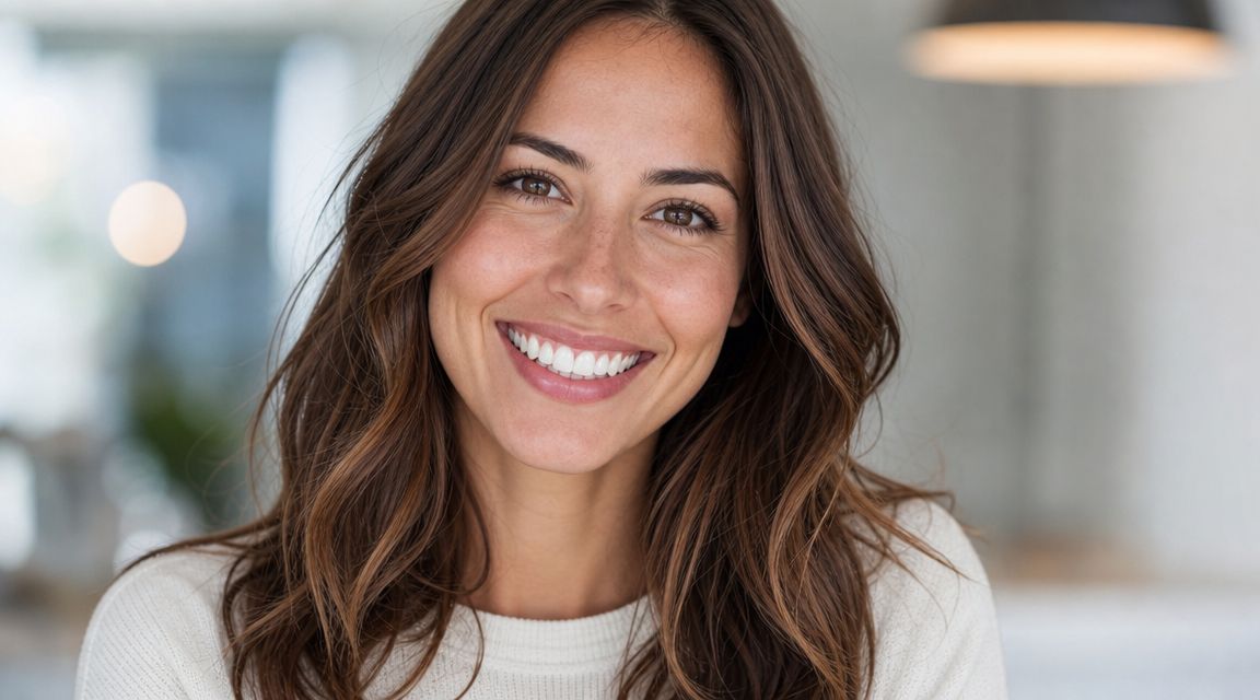 A close-up portrait of a woman with a bright, healthy smile looking at the camera.