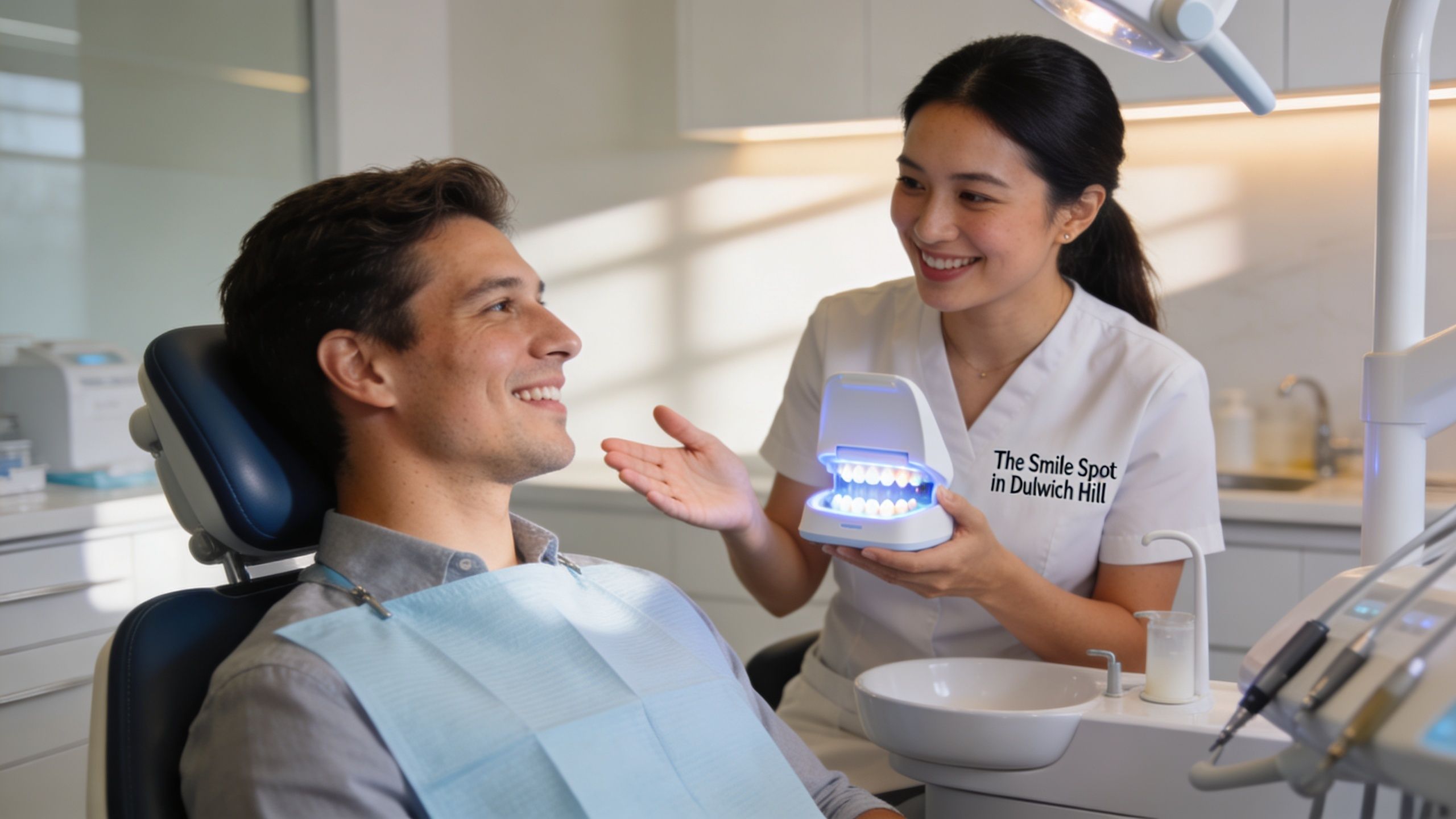 A friendly dentist in a modern clinic explains a teeth whitening treatment procedure to a smiling patient.