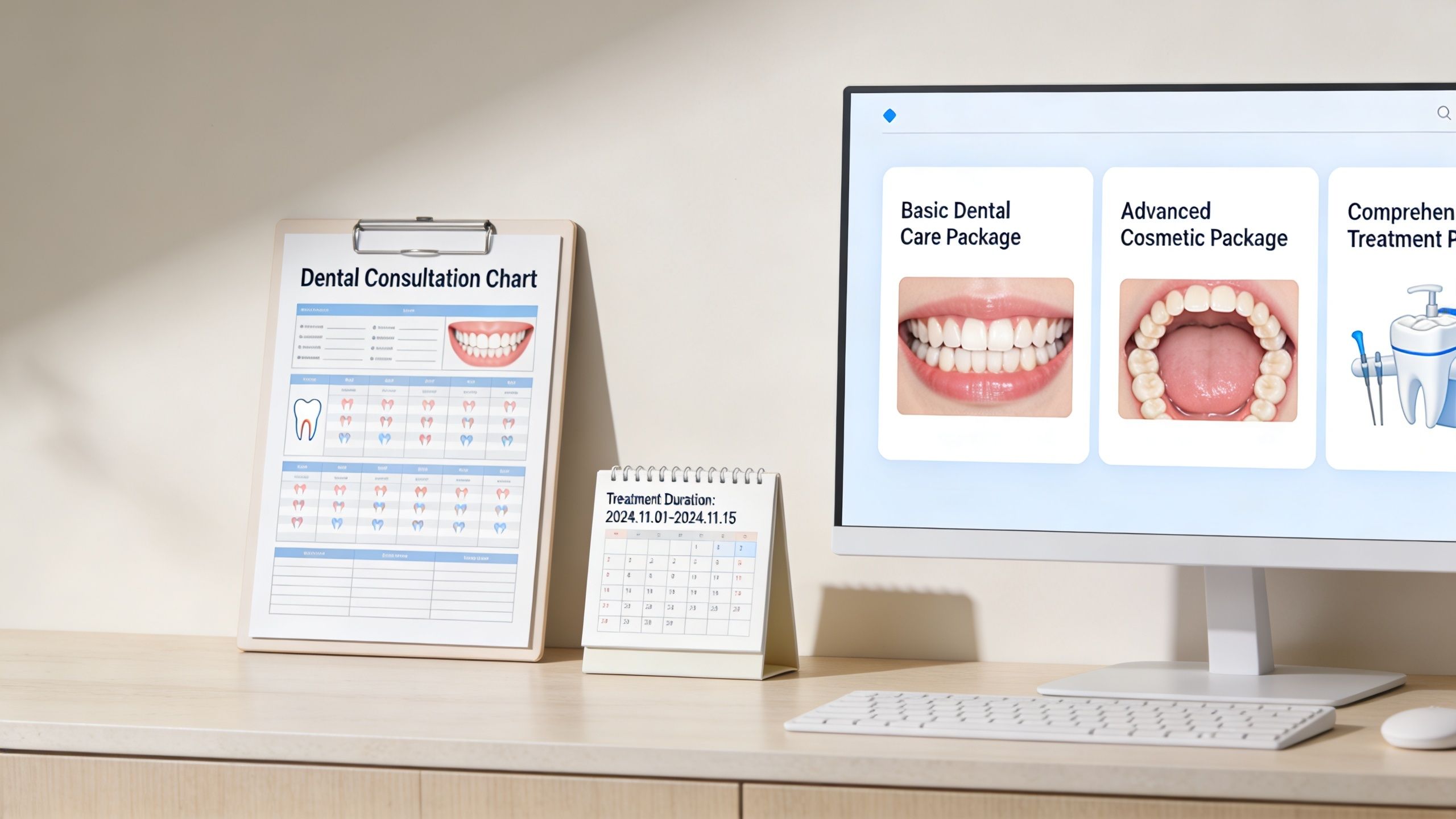 A dental consultation chart, a treatment calendar, and a monitor displaying dental care packages on a desk.