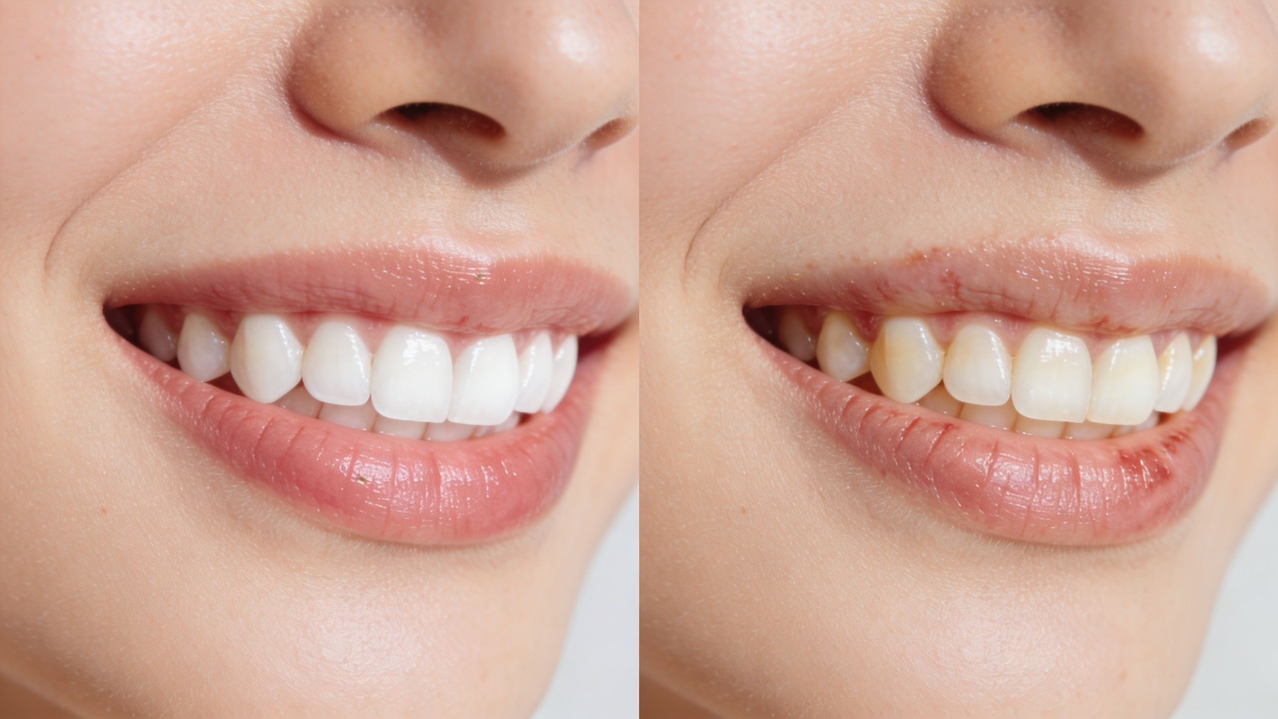 A split screen image showing the before and after results of a professional teeth whitening treatment.