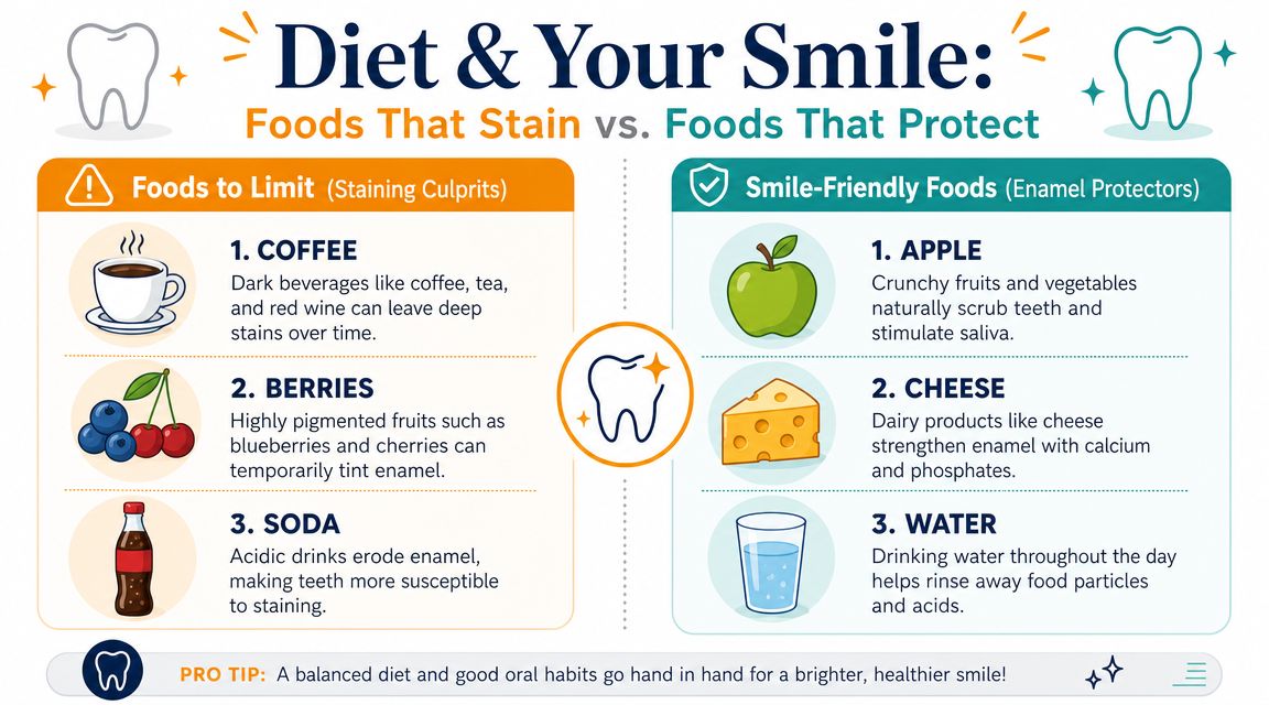 An infographic comparing foods that stain teeth versus foods that protect tooth enamel and promote health.