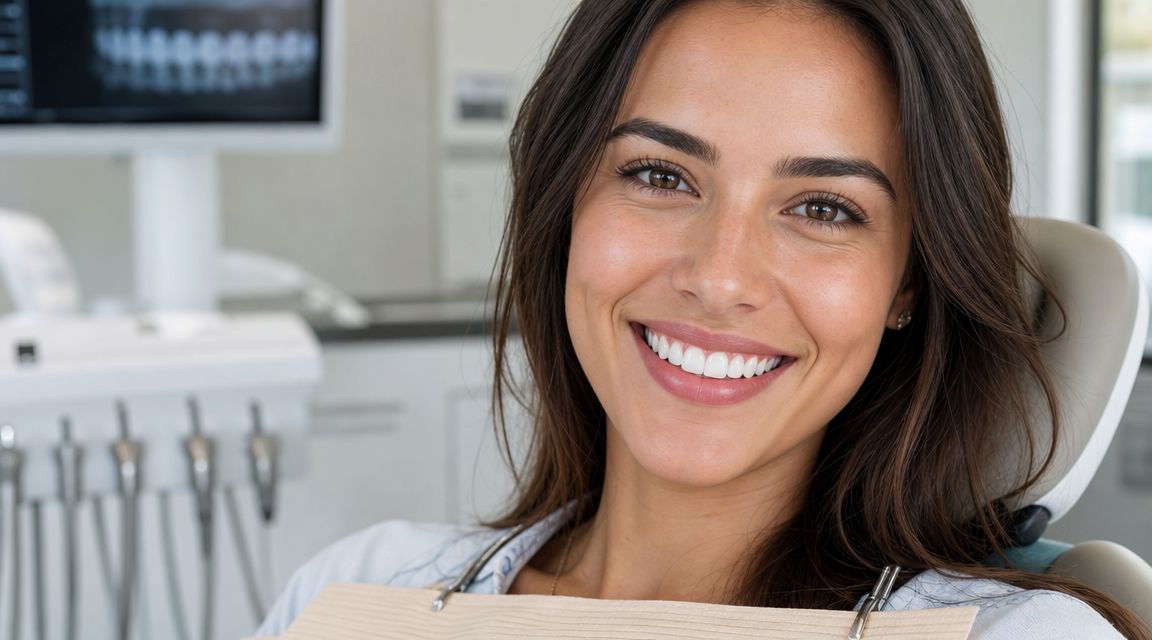 A smiling young woman sitting in a dental chair in a bright, professional modern dental office clinic.