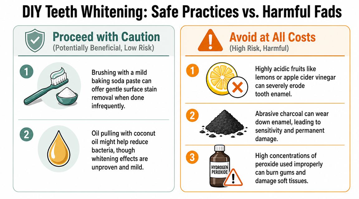 An infographic comparing safe DIY teeth whitening practices versus harmful fads to avoid for dental health.