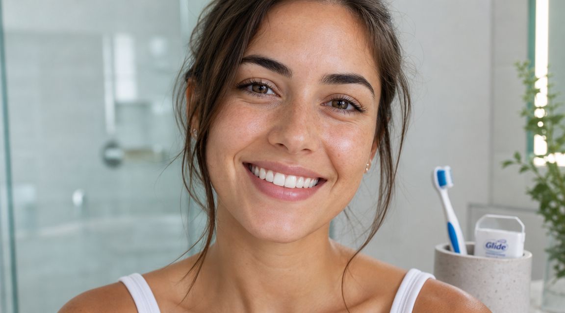 A smiling young woman with natural skin texture and white teeth in a bright bathroom setting.
