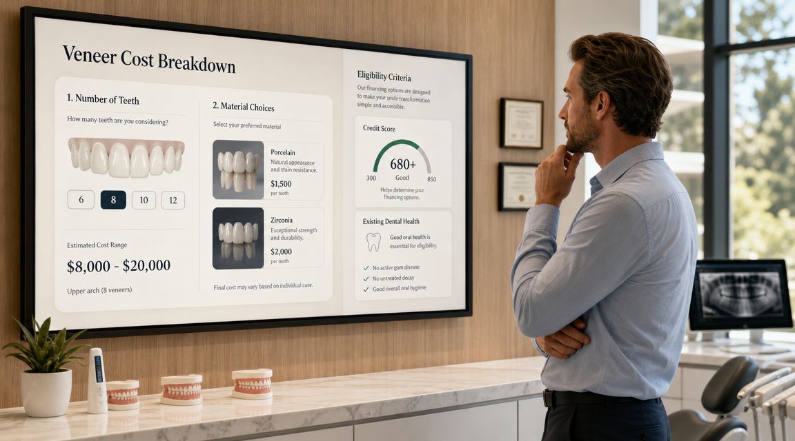 A man in a dental office looking at a digital screen displaying veneer cost breakdowns and financing options.