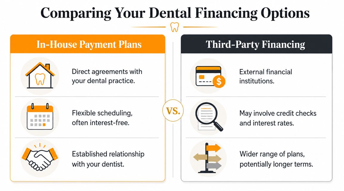 A comparison chart showing the differences between in-house dental payment plans and third-party dental financing options.