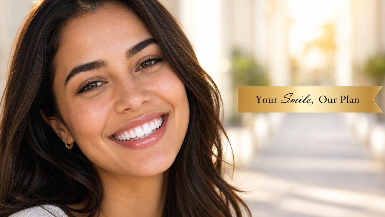 A close-up of a smiling woman with healthy teeth next to a gold ribbon graphic text.