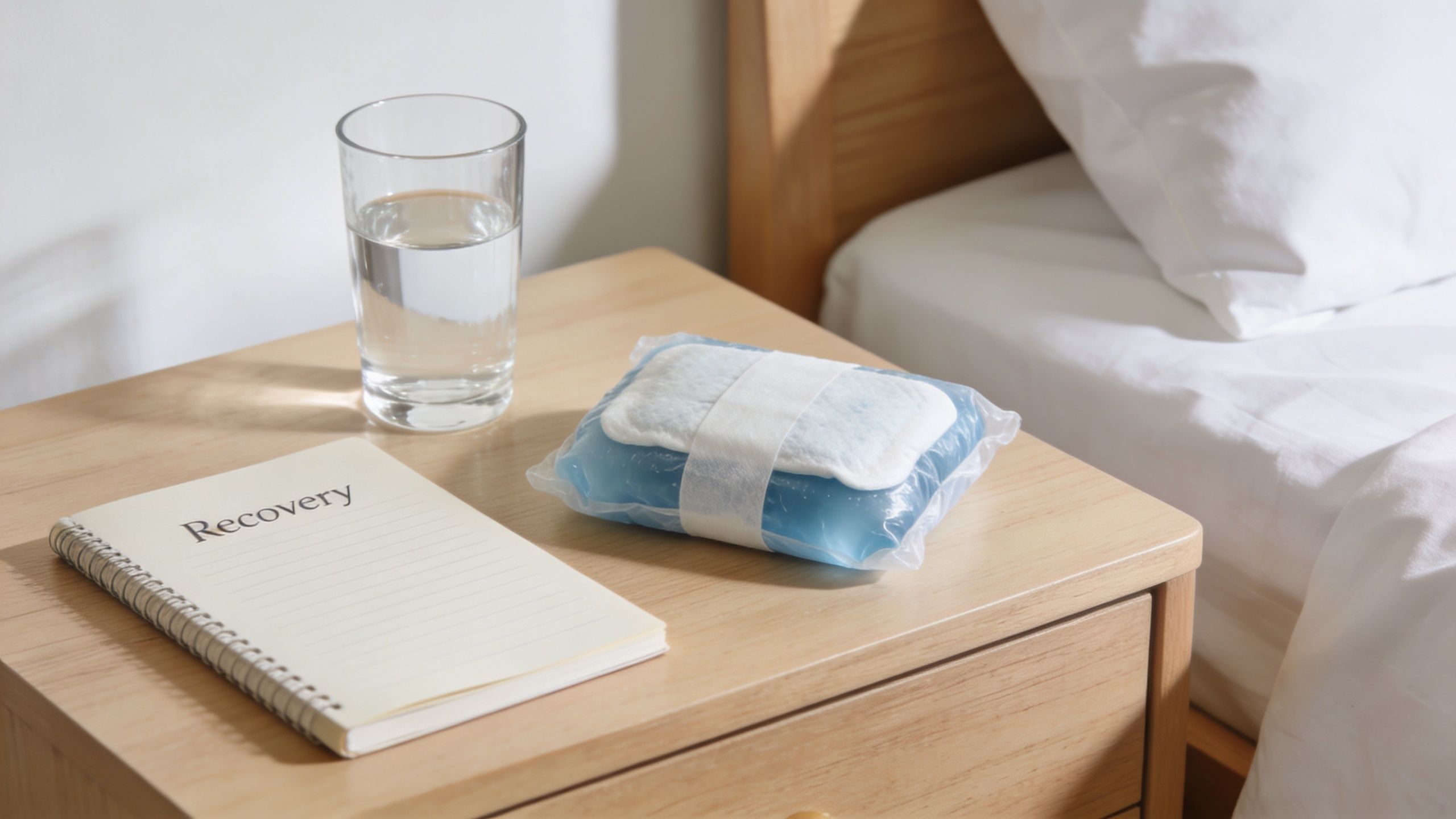 A bedside table holds a glass of water, a spiral notebook labeled Recovery, and a gel ice pack.
