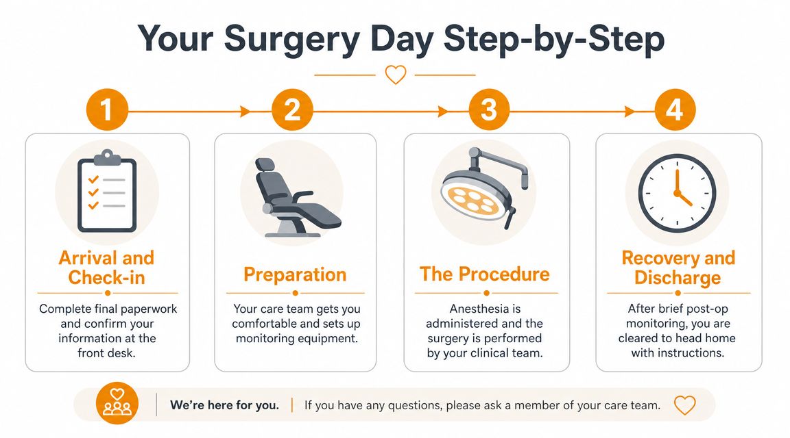 A four-step infographic showing the process of wisdom tooth surgery, from arrival to discharge.