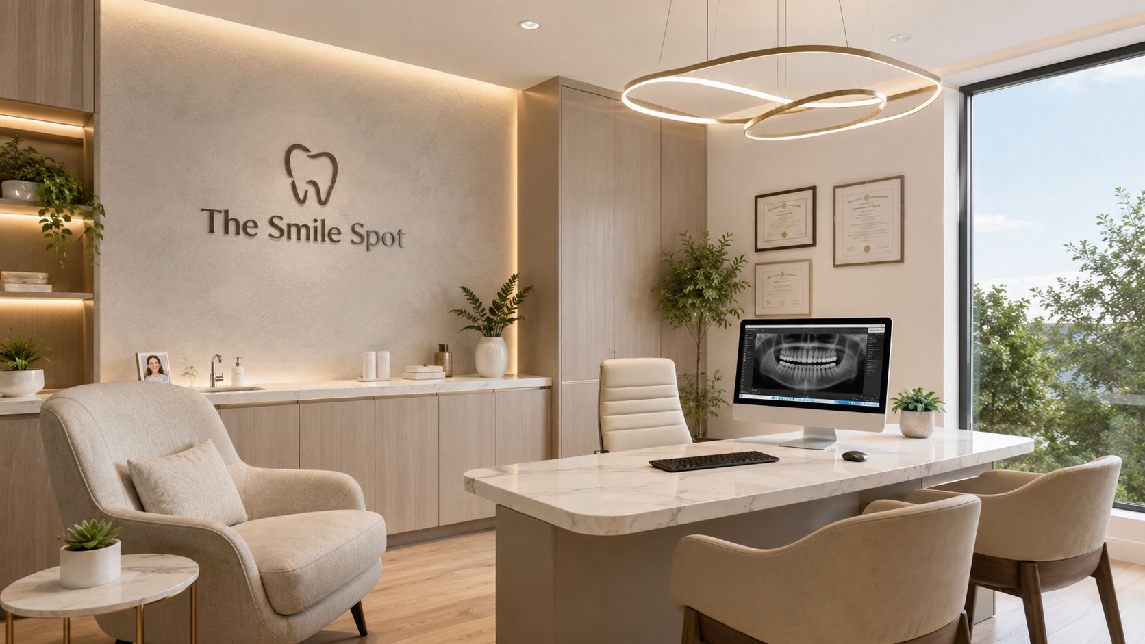 A modern and professional dental office interior with a desk, comfortable seating, and dental X-ray imaging displayed.