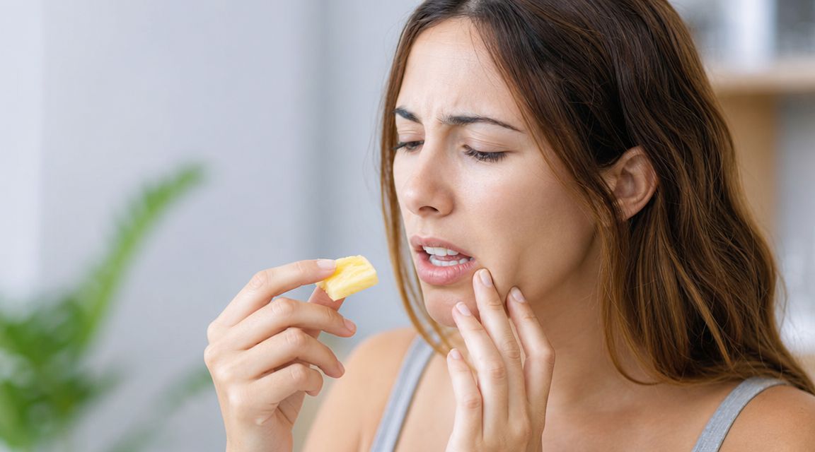 A woman holding a piece of pineapple while looking uncomfortable and touching her swollen, painful cheek.