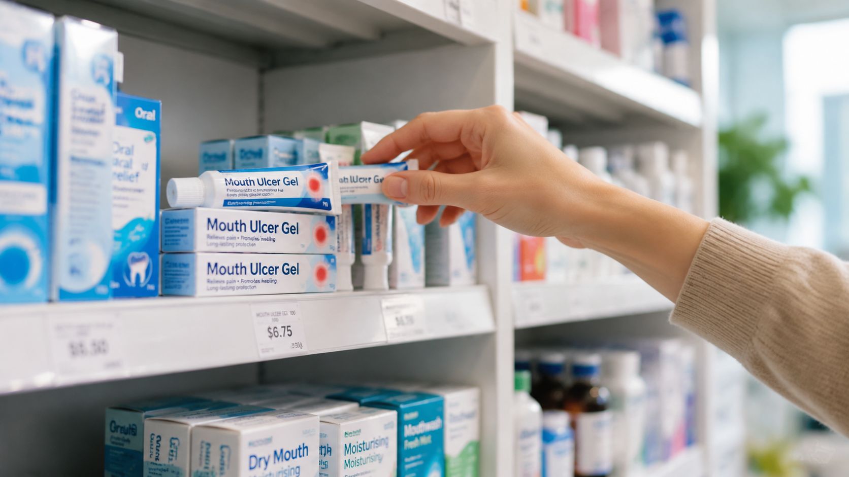 A hand reaching to take a tube of mouth ulcer gel from a pharmacy shelf display.
