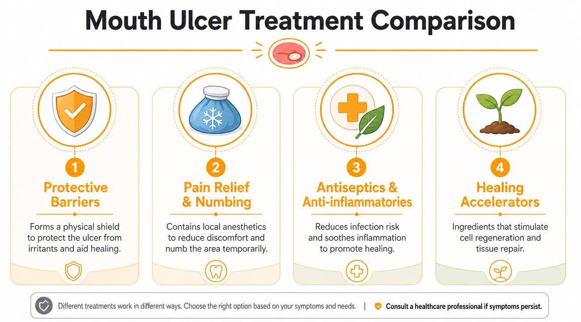 An infographic comparing four types of mouth ulcer treatments including protective barriers, pain relief, antiseptics, and healing accelerators.