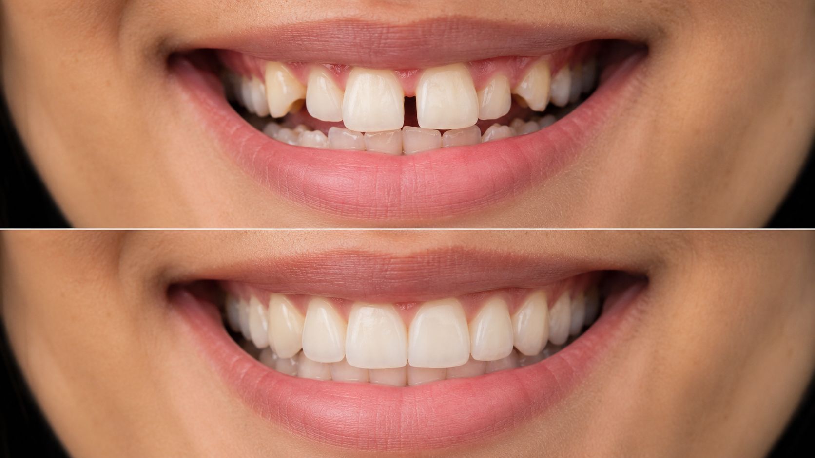 A close-up comparison of a person's teeth showing before and after professional cosmetic dental treatment.