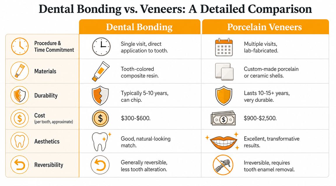A comparative infographic table showing the key differences between dental bonding and porcelain veneers in dentistry.