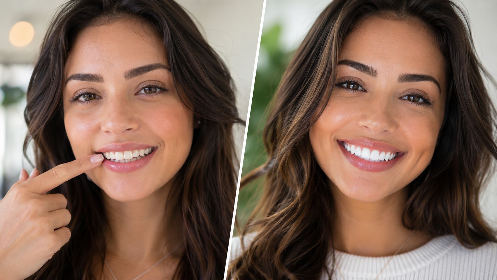 A split image showing a woman's smile before and after dental cosmetic procedures to improve tooth appearance.