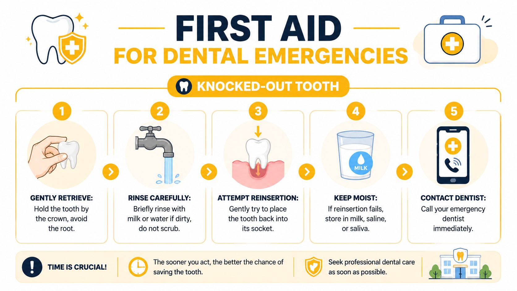 An infographic showing a five-step guide for first aid procedures for a knocked-out tooth dental emergency.
