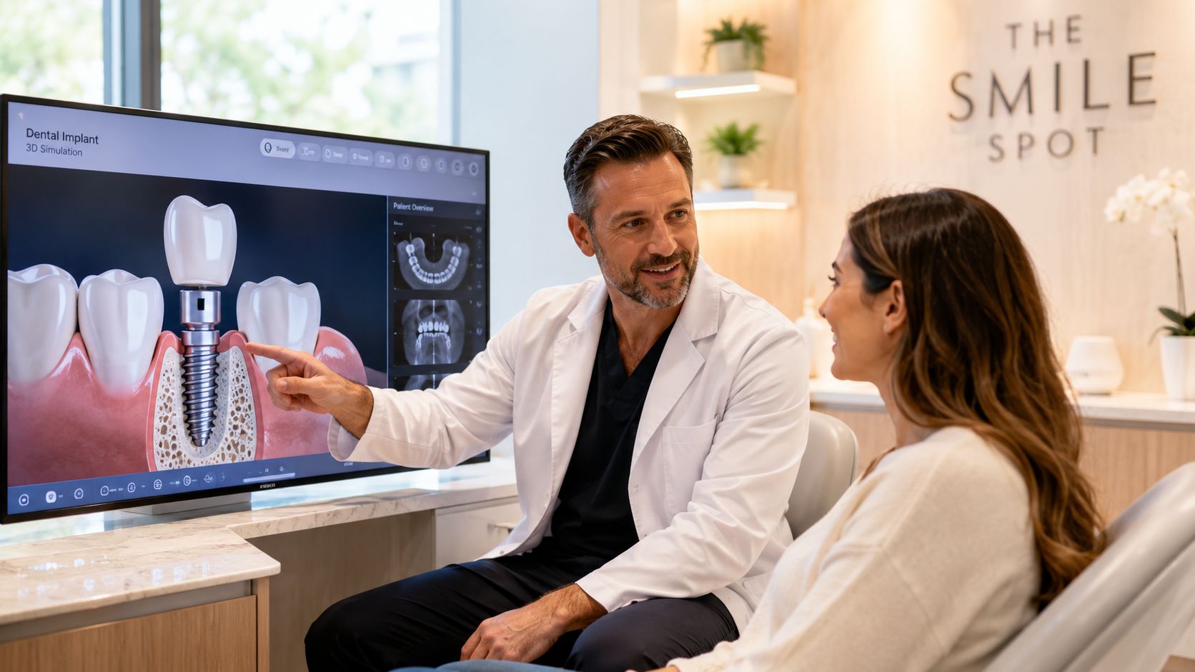 A professional dentist explaining a dental implant procedure to a patient using a digital screen visualization.