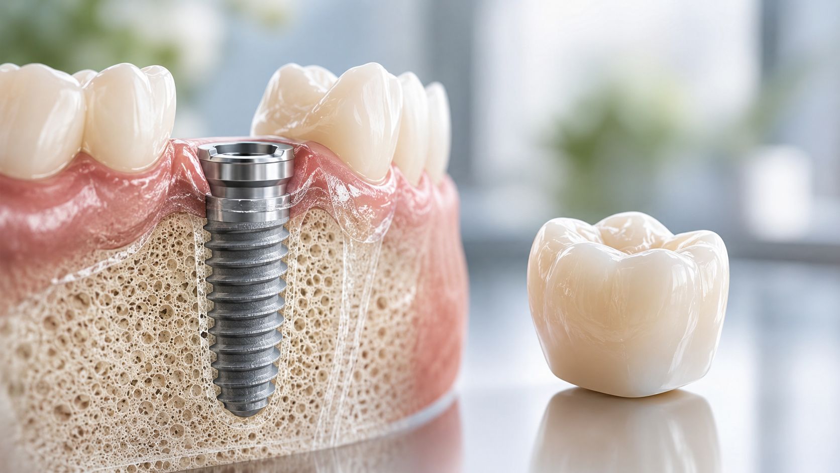 A detailed 3D medical illustration showing a dental implant procedure in a cross-section of human jaw bone.