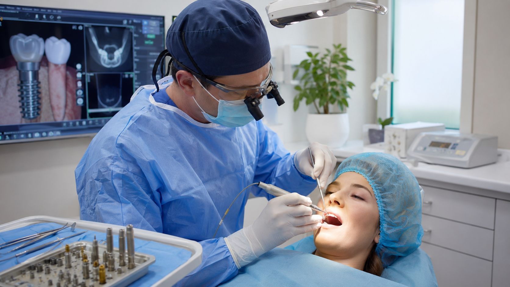 A professional dentist performing a dental implant procedure on a patient in a modern clinical setting.