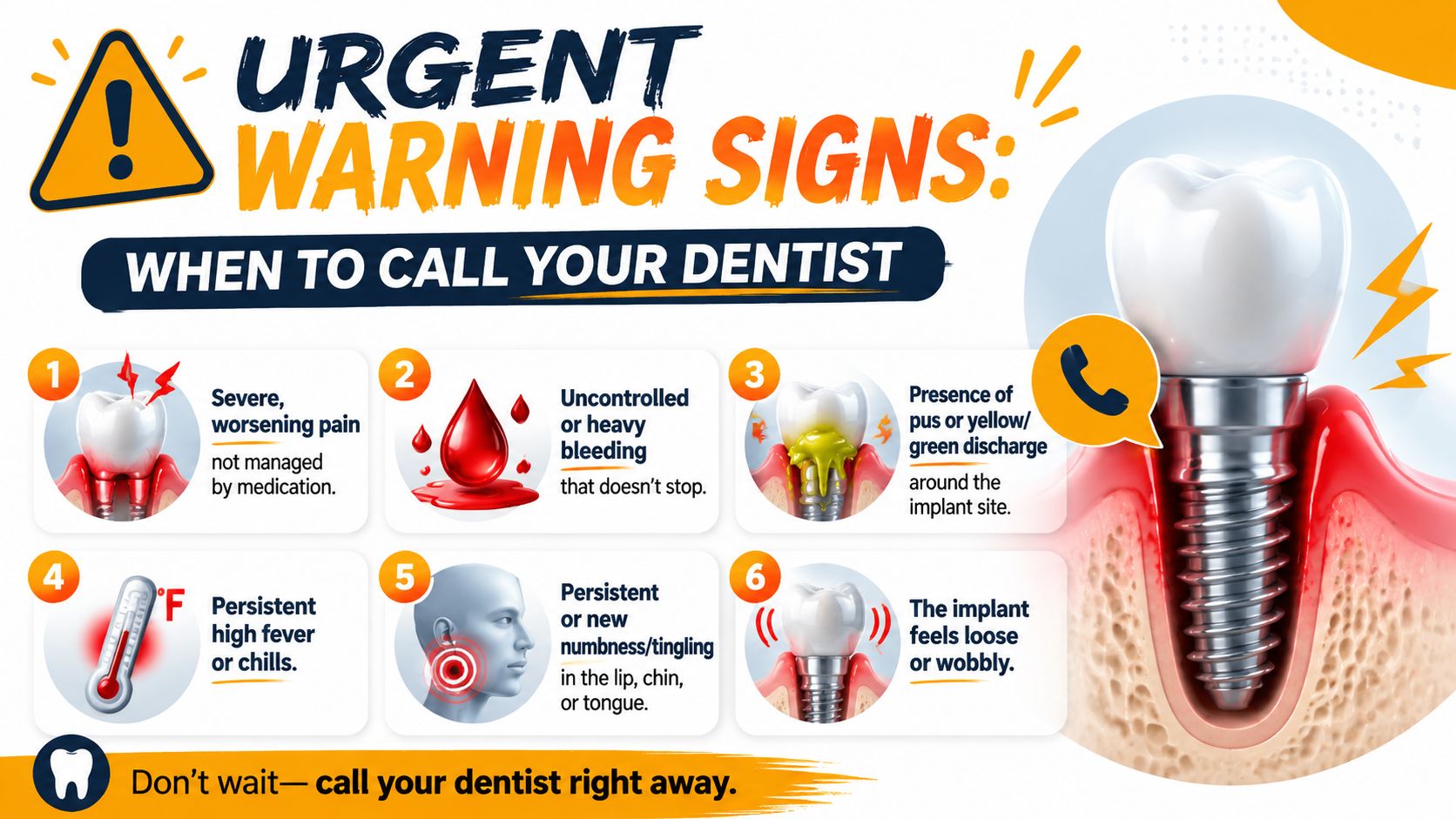 An infographic showing six urgent warning signs for dental implants, indicating when to contact your dentist immediately.