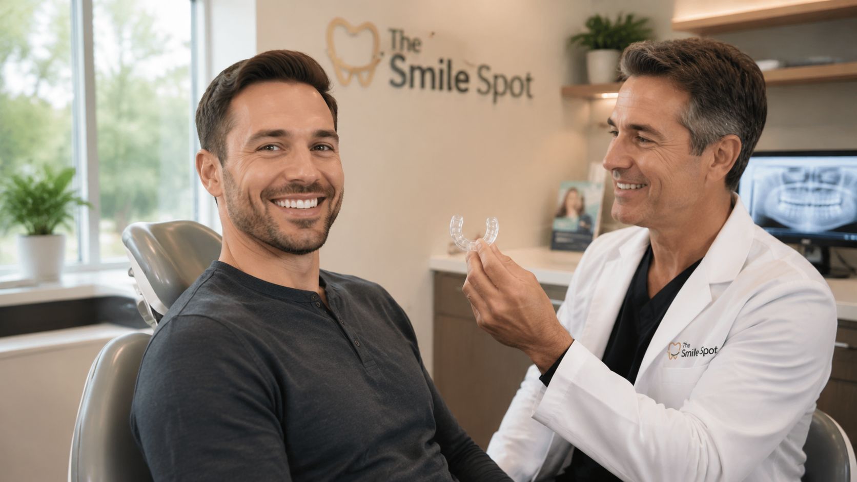 A professional dentist presenting a clear dental mouth splint to a smiling patient at the clinic.