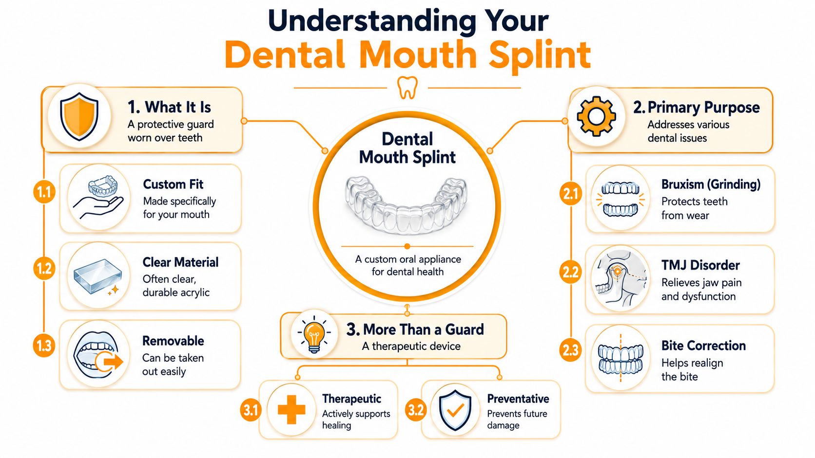 An infographic titled Understanding Your Dental Mouth Splint detailing its definition, primary purposes, and therapeutic benefits.