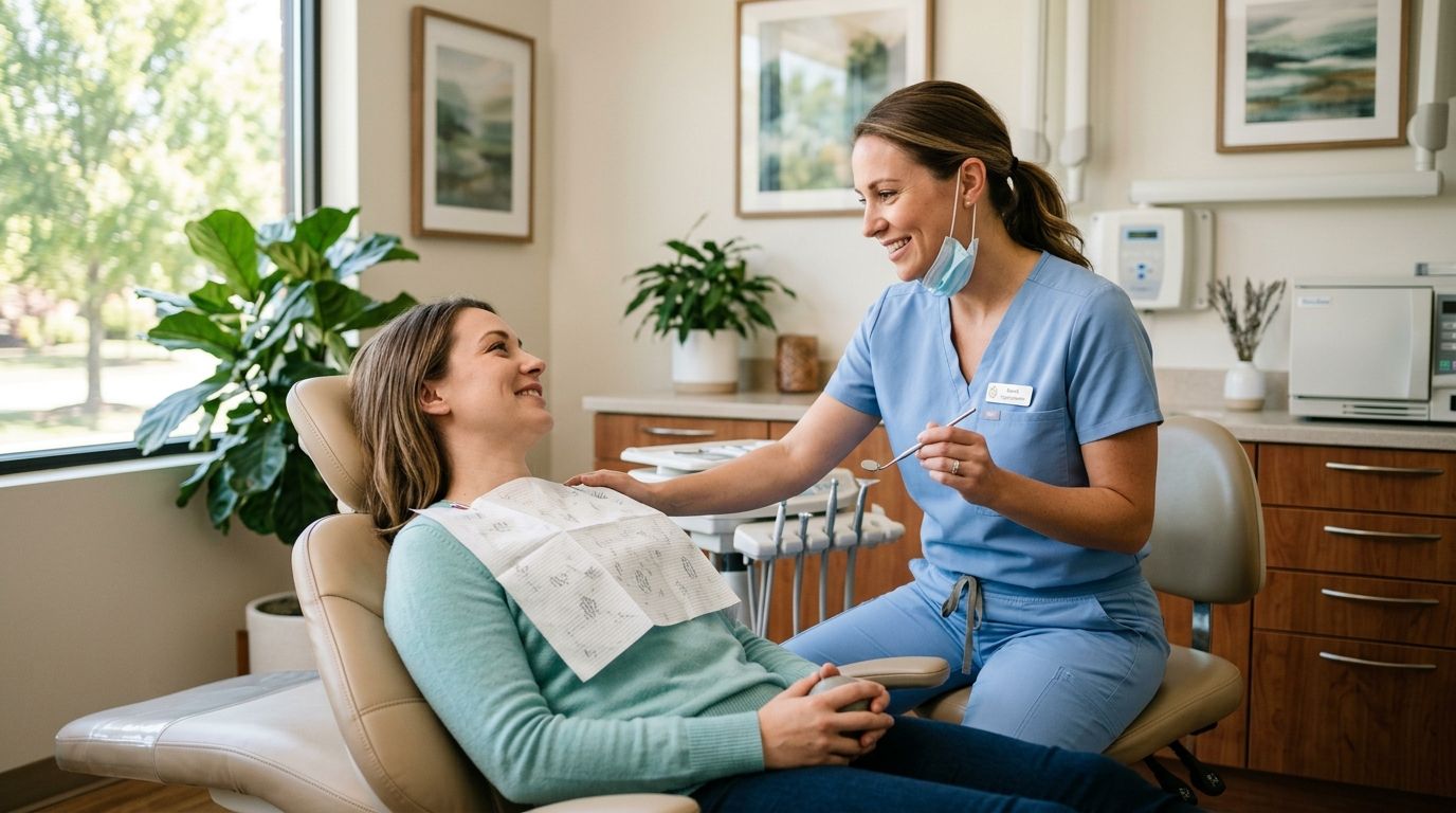 A friendly dental hygienist consulting with a patient in a bright, professional modern dental office setting.