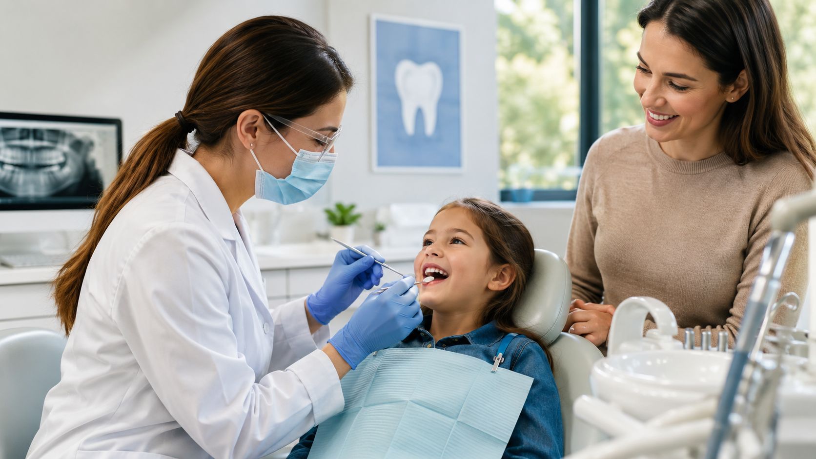 A friendly female dentist performing a routine dental checkup on a smiling young girl in a dental clinic.