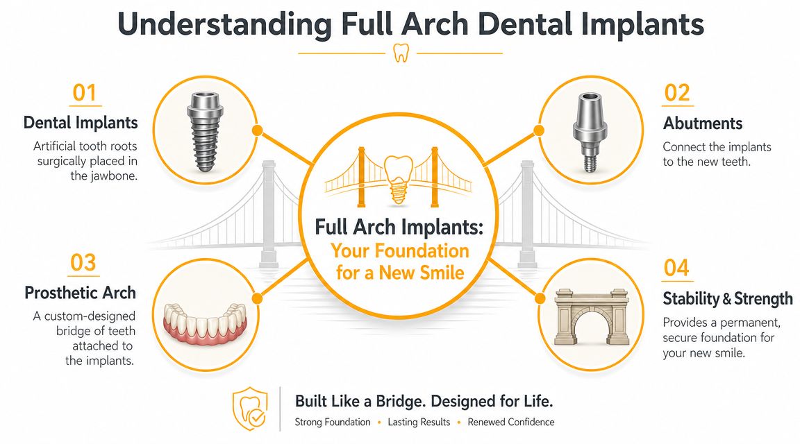 An infographic explaining the components and benefits of full arch dental implants for a new smile.
