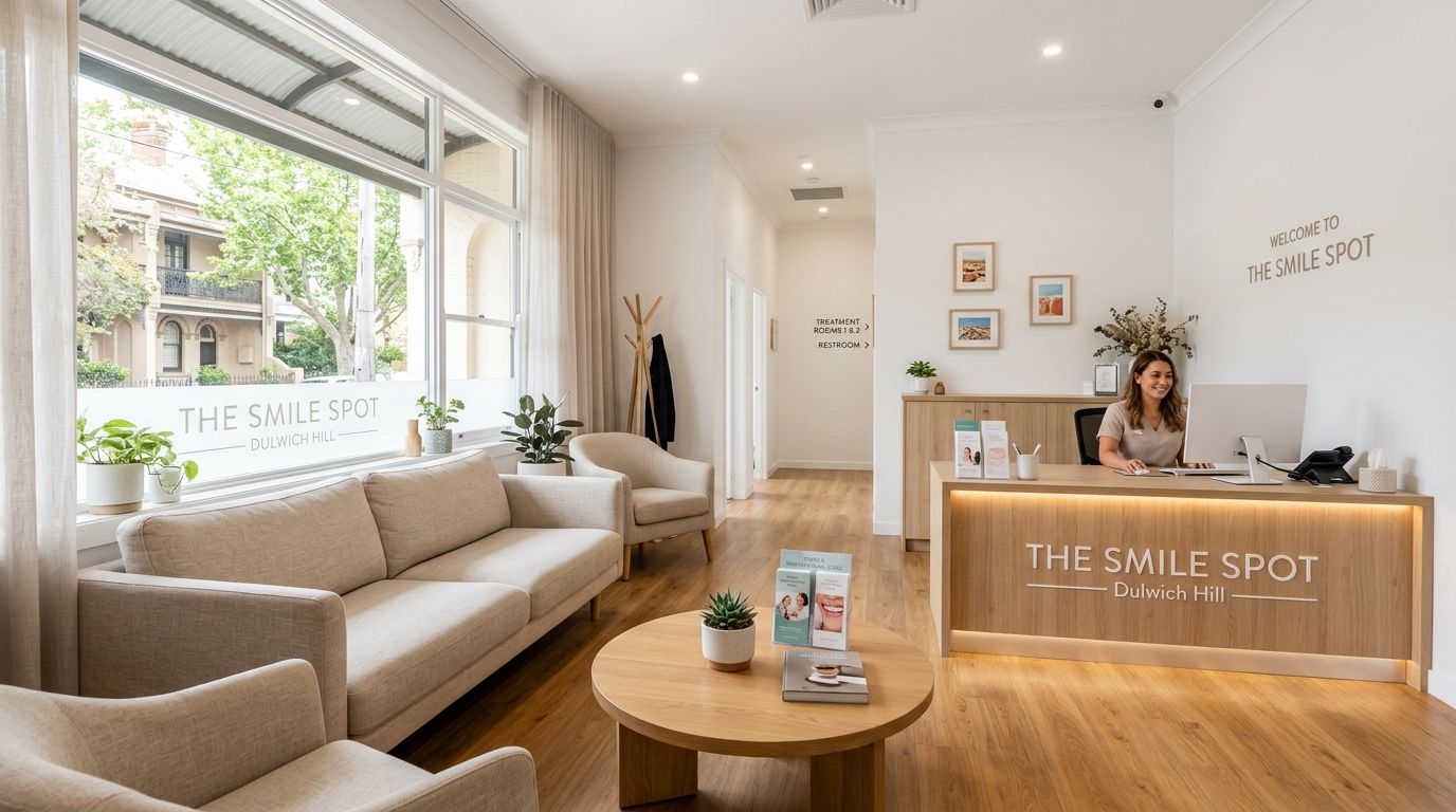 A warm, modern dental office reception area featuring comfortable seating, a wooden front desk, and bright decor.