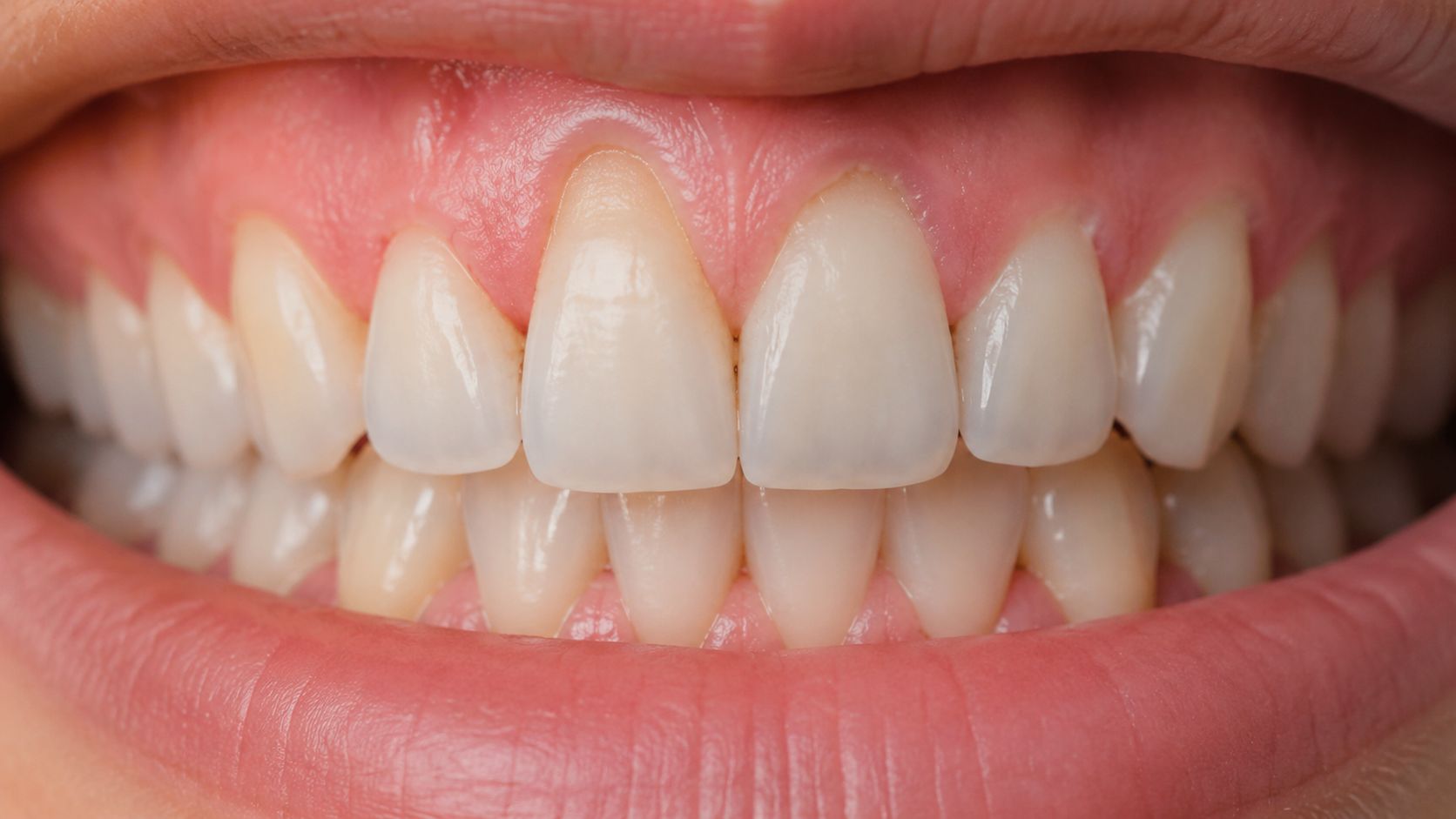 Close-up of a person's teeth showing signs of gum recession with exposed tooth roots and healthy gums.