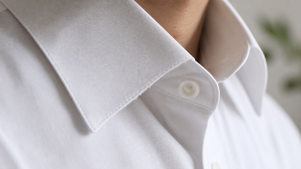 Close-up of a white dress shirt collar showing the fabric texture and button detail