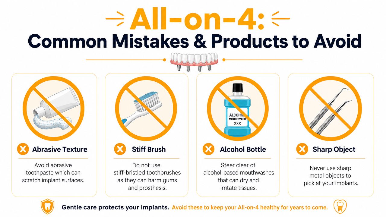 An infographic detailing items to avoid for All-on-4 dental implants, including abrasive toothpaste, stiff brushes, alcohol mouthwash, and metal picks.