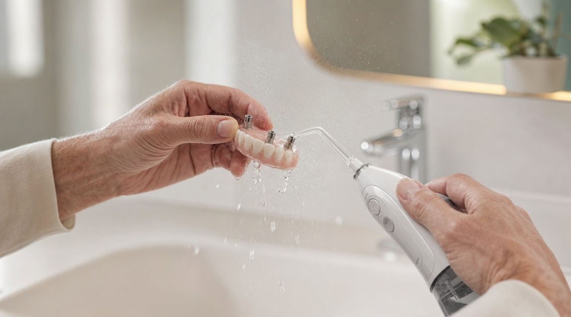 A person uses a water flosser to clean their All-on-4 dental implant bridge over a bathroom sink.