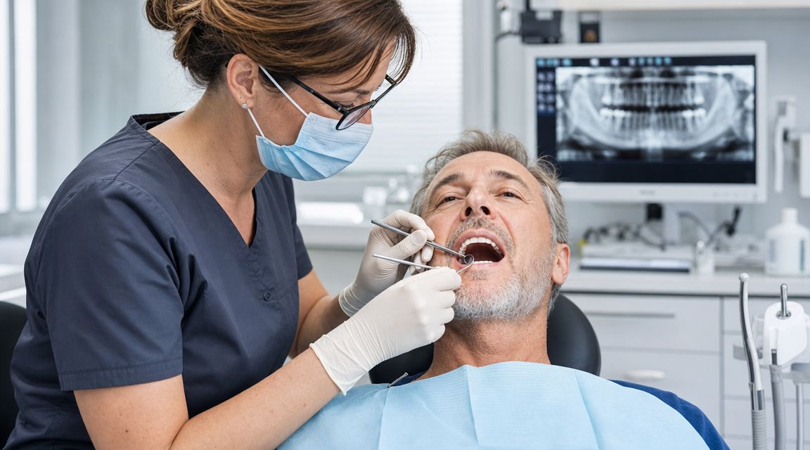 A female dentist in a medical mask examining an older male patient during a checkup procedure.