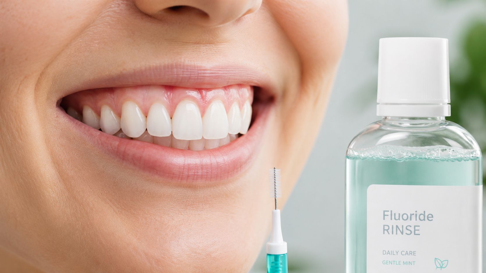 A close-up of a smiling woman next to an interdental brush and a bottle of fluoride rinse.