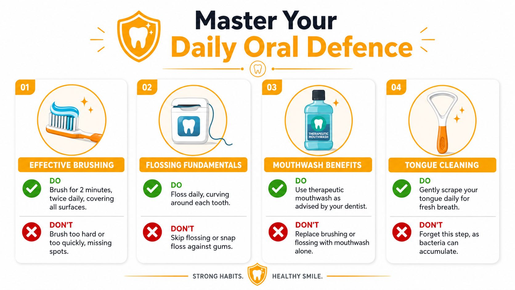 An infographic titled Master Your Daily Oral Defence outlining steps for effective brushing, flossing, mouthwash, and tongue cleaning.