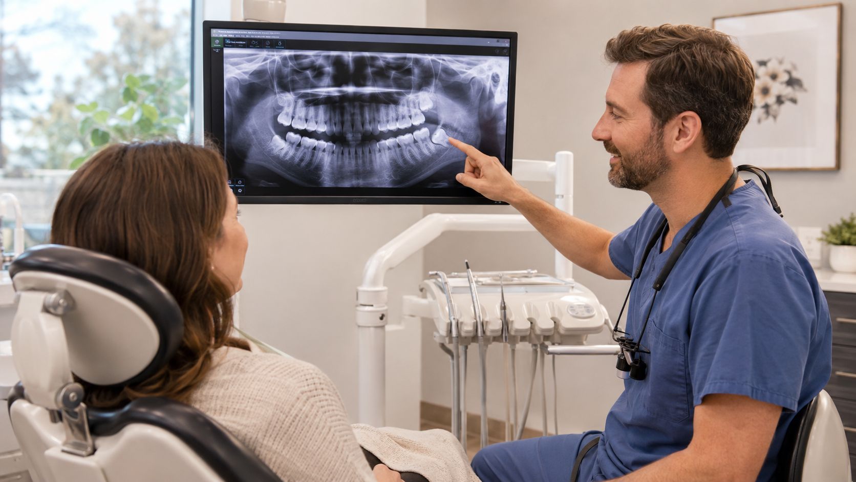 A dentist pointing at an impacted wisdom tooth on a dental X-ray monitor for his female patient.