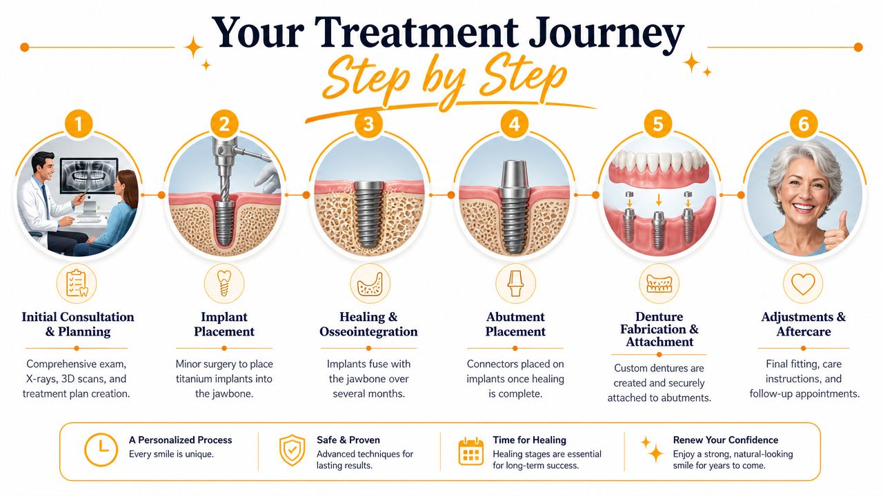 A six-step infographic illustrating the dental implant treatment journey from initial consultation to final denture attachment.