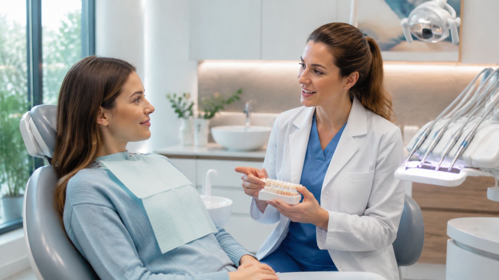 A female dentist smiling and showing a teeth model to a patient in a modern dental clinic.