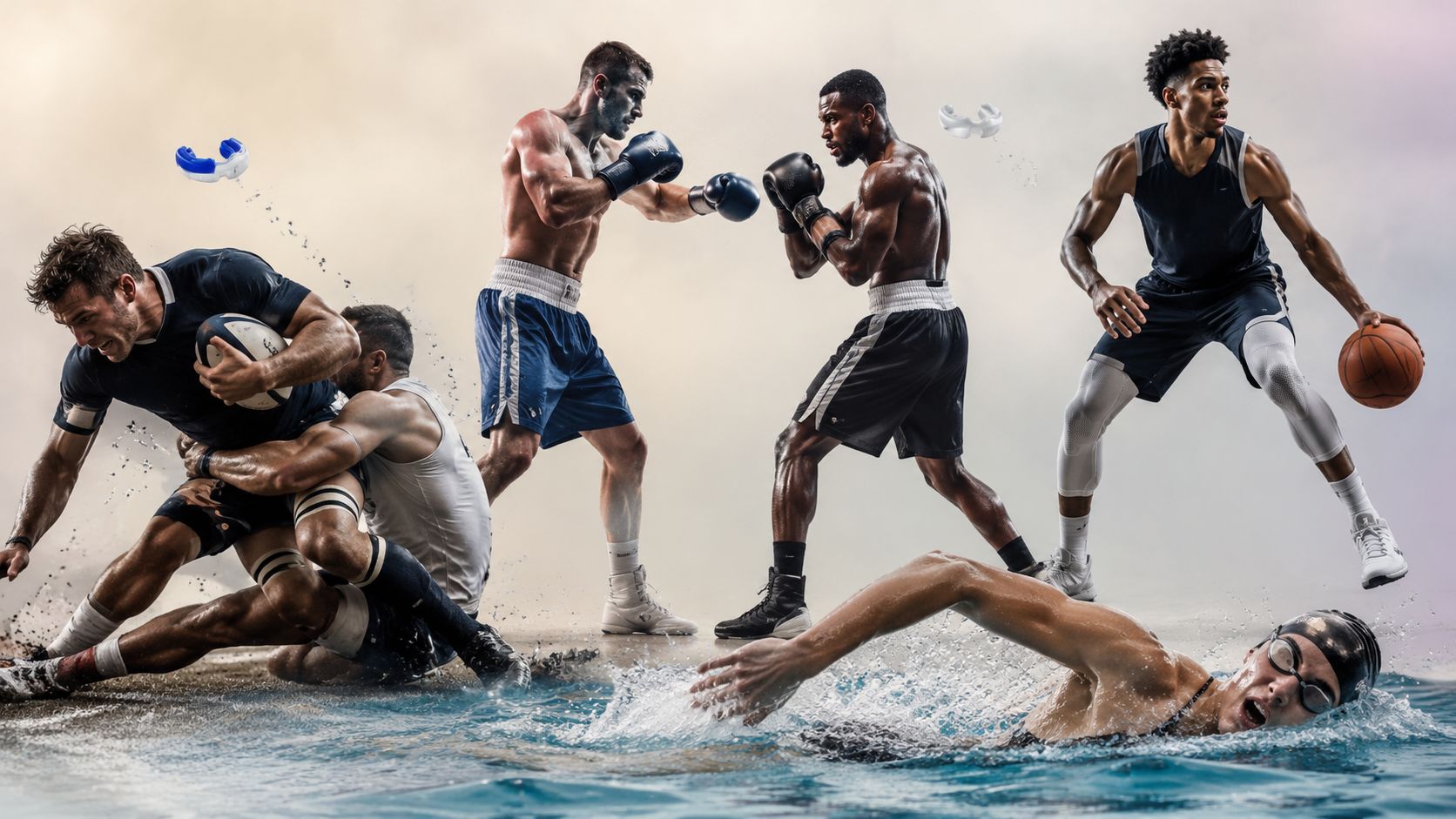 A composite image showcasing athletes in rugby, boxing, basketball, and swimming with floating protective mouthguards.
